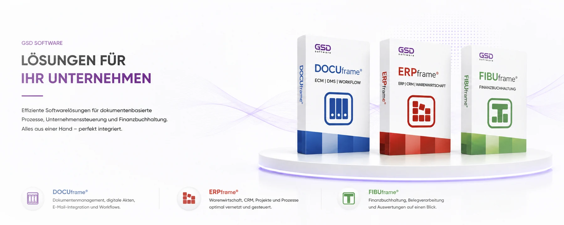 GSD-Software: DOCUframe, ERPframe und FIBUframe im vorhandenen Originalbanner.