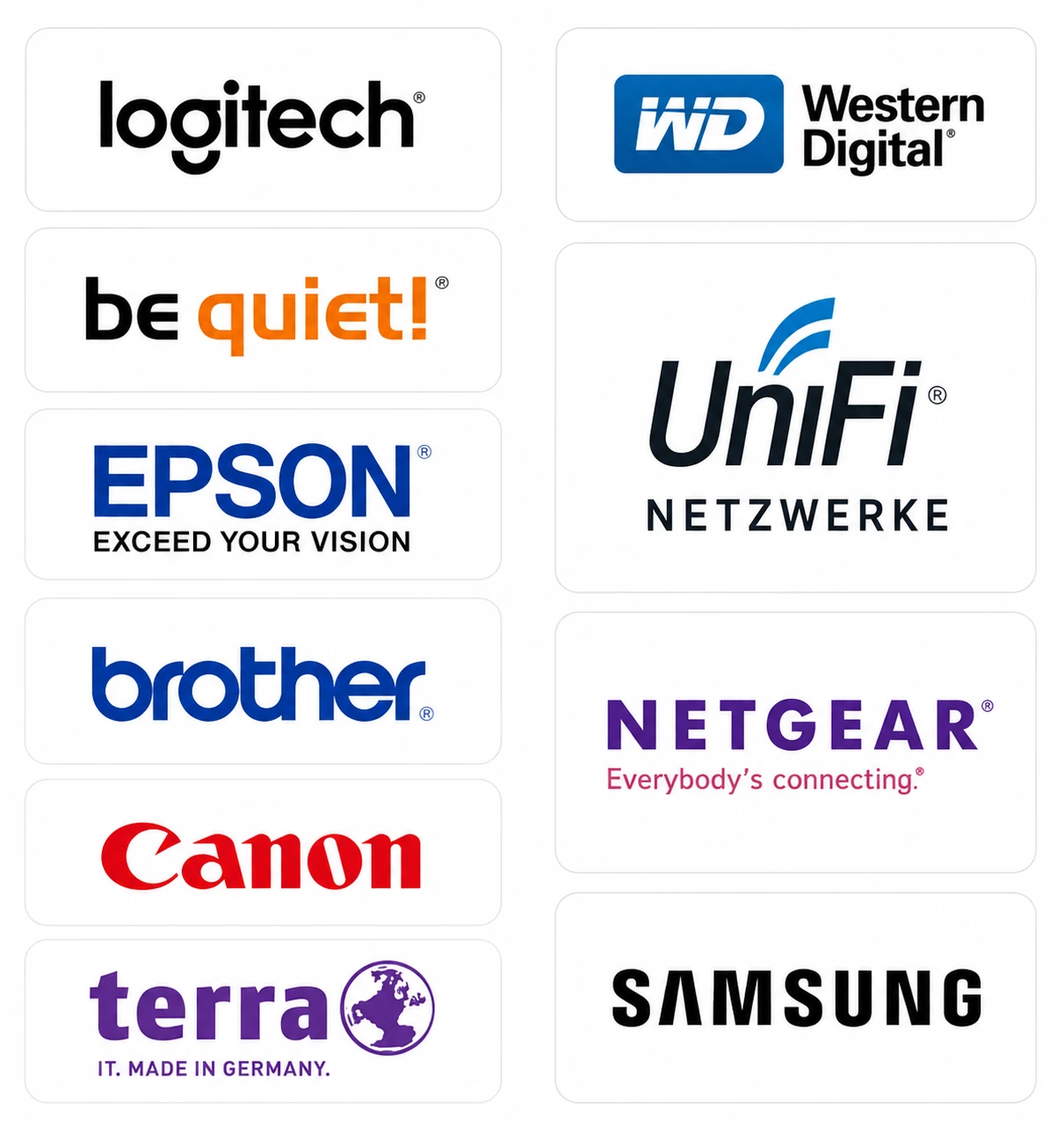 Vorhandene JOLA-Partnerübersicht mit Marken wie Logitech, WD, be quiet!, UniFi, Epson, Brother, Netgear, Canon, TERRA und Samsung
